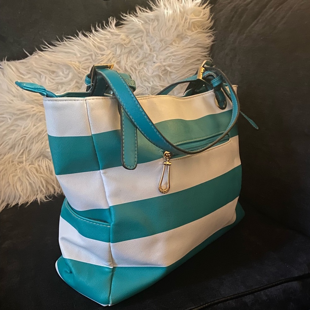 Secosana Teal Stripe Tote Bag | Large Shoulder Purse Travel Beach Work - Picture 3 of 5